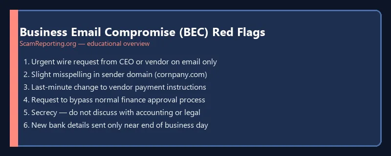 Business Email Compromise (BEC) Red Flags — educational infographic