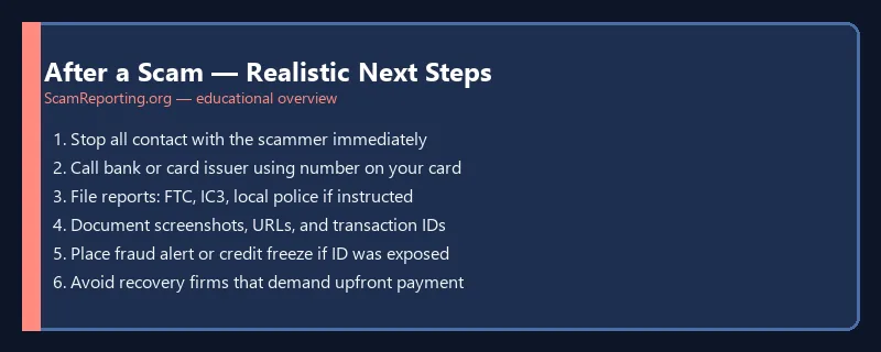 After a Scam — Realistic Next Steps — educational infographic