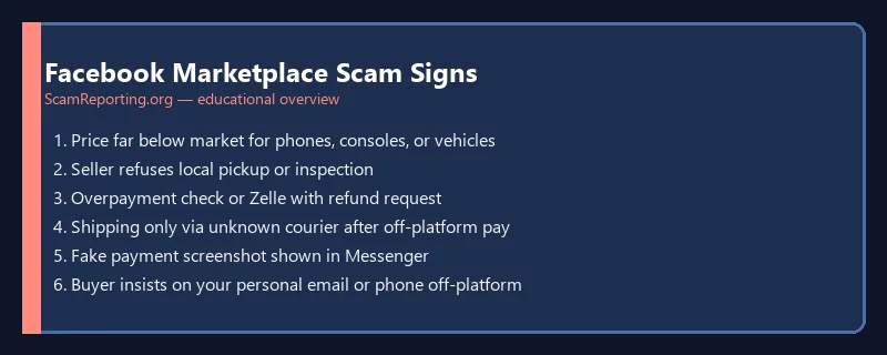 Facebook Marketplace Scam Signs — educational infographic
