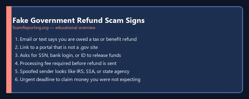 Fake Government Refund Scam Signs — educational infographic