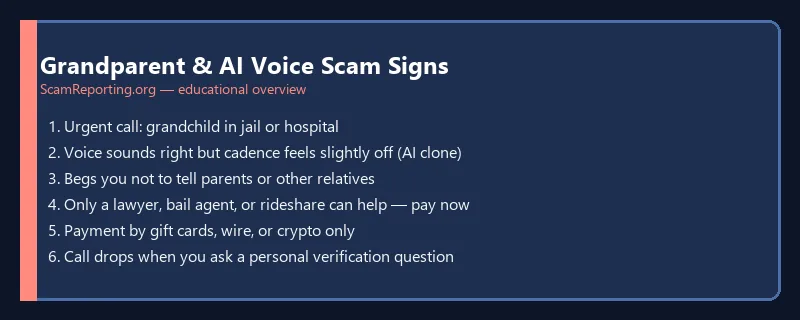 Grandparent & AI Voice Scam Signs — educational infographic