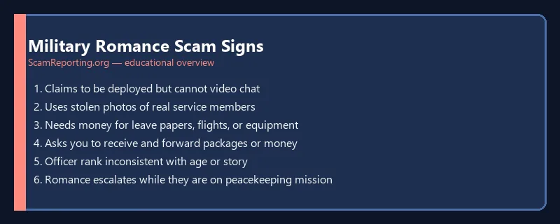 Military Romance Scam Signs — educational infographic