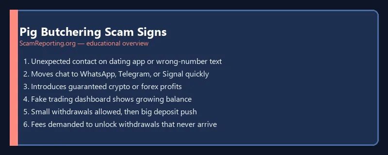 Pig Butchering Scam Signs — educational infographic