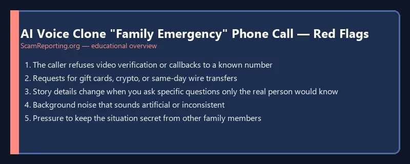 AI Voice Clone "Family Emergency" Phone Call — Red Flags — educational infographic