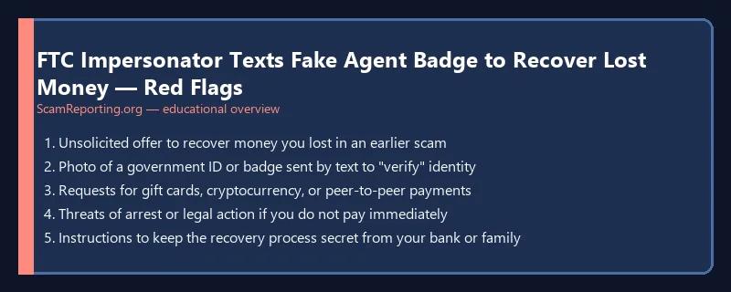 FTC Impersonator Texts Fake Agent Badge to Recover Lost Money — Red Flags — educational infographic