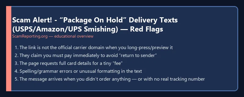 Scam Alert! - “Package On Hold” Delivery Texts (USPS/Amazon/UPS Smishing) — Red Flags — educational infographic