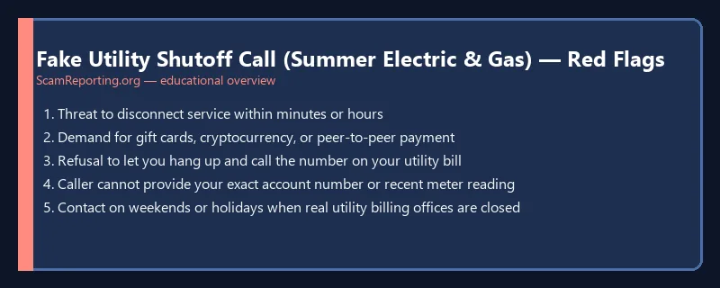 Fake Utility Shutoff Call (Summer Electric & Gas) — Red Flags — educational infographic