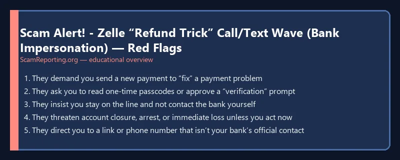 Scam Alert! - Zelle “Refund Trick” Call/Text Wave (Bank Impersonation) — Red Flags — educational infographic