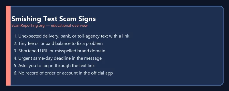 Smishing Text Scam Signs — educational infographic