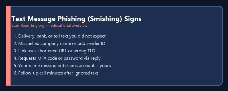Text Message Phishing (Smishing) Signs — educational infographic