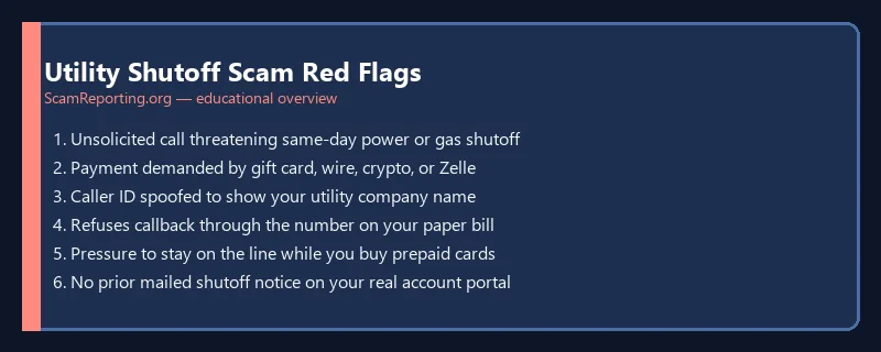 Utility shutoff scam red flags — gift card demands, spoofed caller ID, and same-day threats
